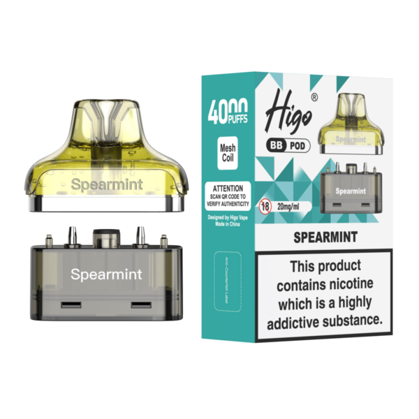 Higo BB 4000 Pod - Spearmint Higo BB 4000 replacement pod in Spearmint flavour - 2ml prefilled pod with 4ml refill container, 20mg nic salt e-liquid, UK TPD compliant