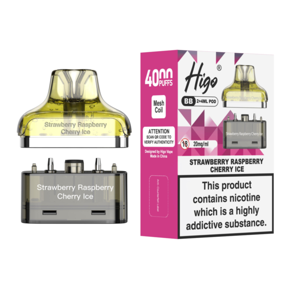 Higo BB 4000 Pod - Strawberry Raspberry Cherry Ice Higo BB 4000 replacement pod in Strawberry Raspberry Cherry Ice flavour - 2ml prefilled pod with 4ml refill container, 20mg nic salt e-liquid, UK TPD compliant
