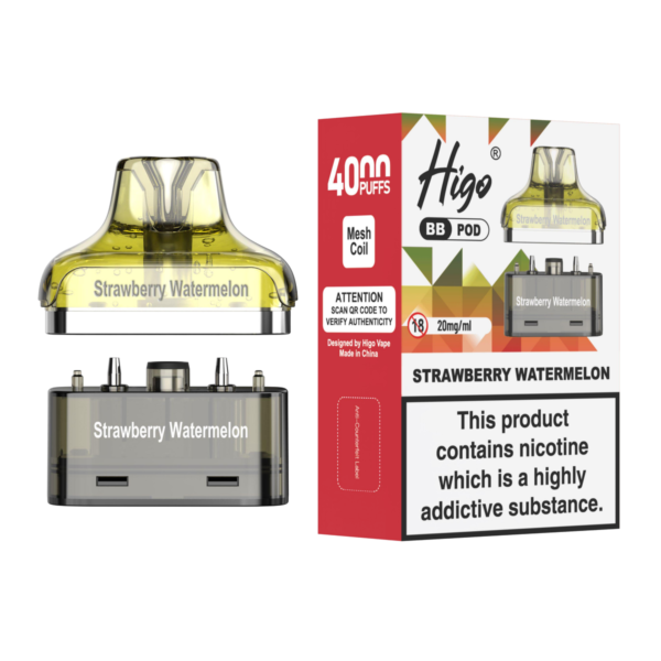 Higo BB 4000 Pod - Strawberry Watermelon Higo BB 4000 replacement pod in Strawberry Watermelon flavour - 2ml prefilled pod with 4ml refill container, 20mg nic salt e-liquid, UK TPD compliant