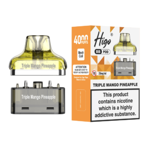Higo BB 4000 replacement pod in Triple Mango Pineapple flavour - 2ml prefilled pod with 4ml refill container, 20mg nic salt e-liquid, UK TPD compliant