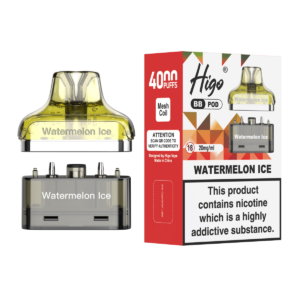Higo BB 4000 Pod - Watermelon Ice Higo BB 4000 replacement pod in Watermelon Ice flavour - 2ml prefilled pod with 4ml refill container, 20mg nic salt e-liquid, UK TPD compliant