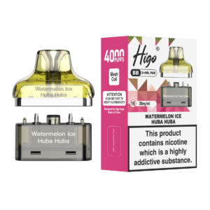Higo BB 4000 Pod - Watermelon Ice Huba Huba Higo BB 4000 replacement pod in Watermelon Ice Huba Huba flavour - 2ml prefilled pod with 4ml refill container, 20mg nic salt e-liquid, UK TPD compliant