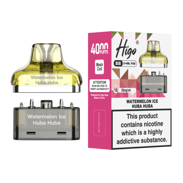 Higo BB 4000 replacement pod in Watermelon Ice Huba Huba flavour - 2ml prefilled pod with 4ml refill container, 20mg nic salt e-liquid, UK TPD compliant