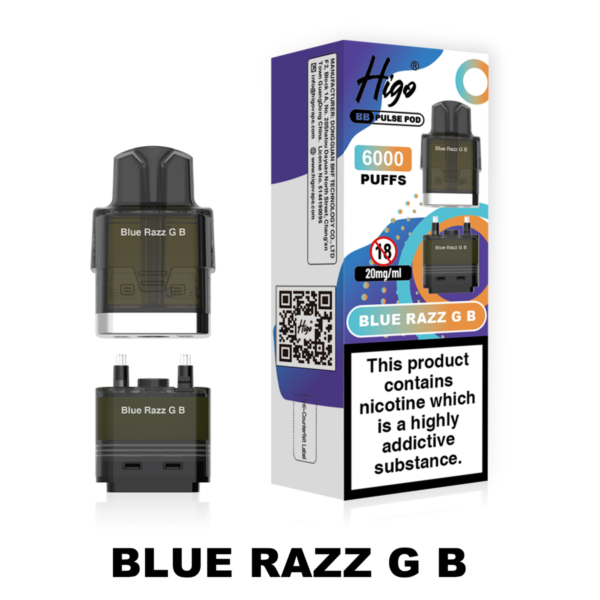 Higo BB Pulse 6000 Pod - Blue Razz G B Higo BB Pulse 6000 replacement pod in Blue Razz G B flavour - 2ml prefilled pod with 4ml auto-refill container, 20mg nic salt e-liquid, UK TPD compliant