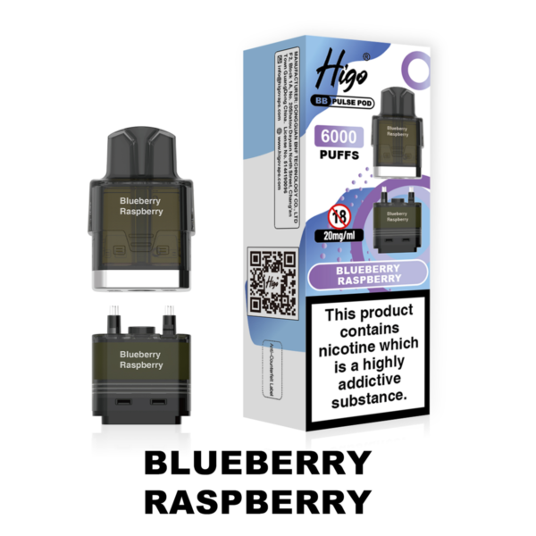 Higo BB Pulse 6000 replacement pod in Blueberry Raspberry flavour - 2ml prefilled pod with 4ml auto-refill container, 20mg nic salt e-liquid, UK TPD compliant