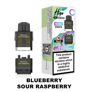 Higo BB Pulse 6000 Pod - Blueberry Sour Raspberry Higo BB Pulse 6000 replacement pod in Blueberry Sour Raspberry flavour - 2ml prefilled pod with 4ml auto-refill container, 20mg nic salt e-liquid, UK TPD compliant