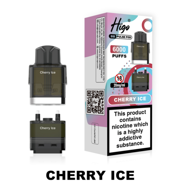 Higo BB Pulse 6000 Pod - Cherry Ice Higo BB Pulse 6000 replacement pod in Cherry Ice flavour - 2ml prefilled pod with 4ml auto-refill container, 20mg nic salt e-liquid, UK TPD compliant