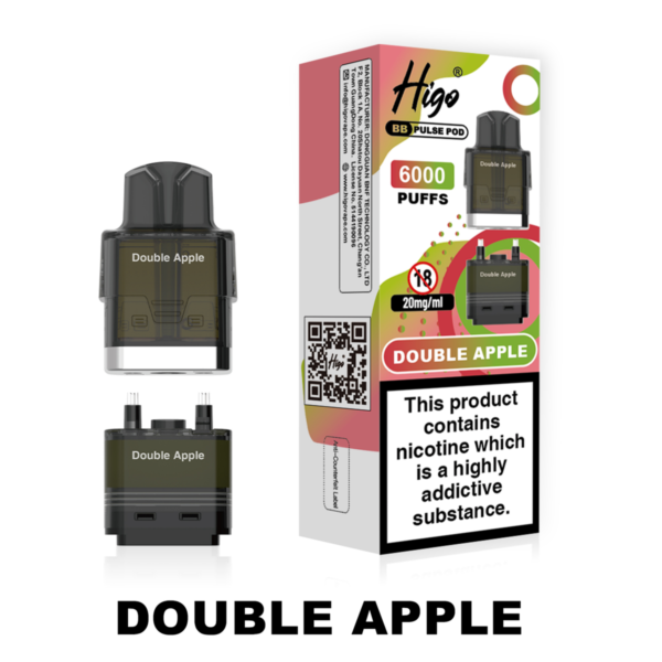 Higo BB Pulse 6000 replacement pod in Double Apple flavour - 2ml prefilled pod with 4ml auto-refill container, 20mg nic salt e-liquid, UK TPD compliant