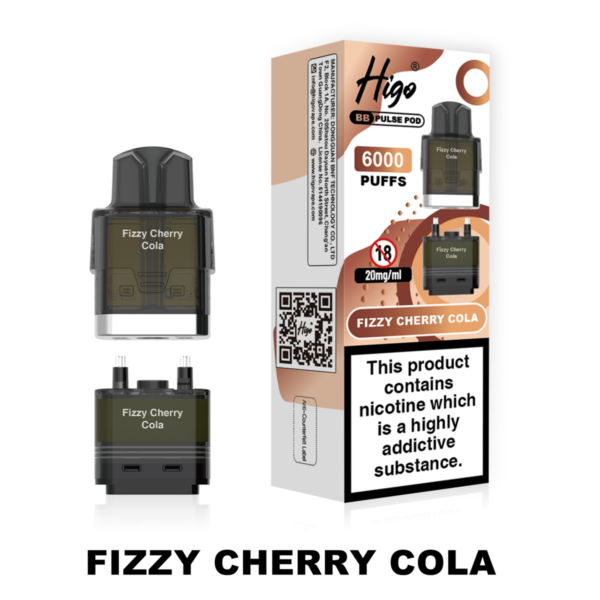 Higo BB Pulse 6000 Pod - Fizzy Cherry Cola Higo BB Pulse 6000 replacement pod in Fizzy Cherry Cola flavour - 2ml prefilled pod with 4ml auto-refill container, 20mg nic salt e-liquid, UK TPD compliant
