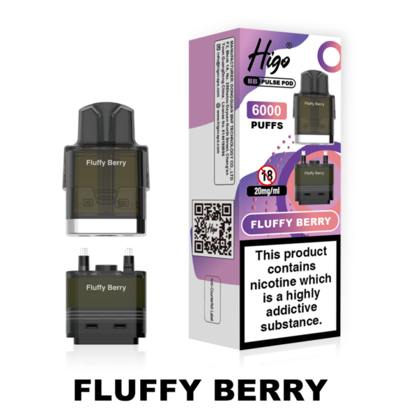 Higo BB Pulse 6000 Pod - Fluffy Berry Higo BB Pulse 6000 replacement pod in Fluffy Berry flavour - 2ml prefilled pod with 4ml auto-refill container, 20mg nic salt e-liquid, UK TPD compliant