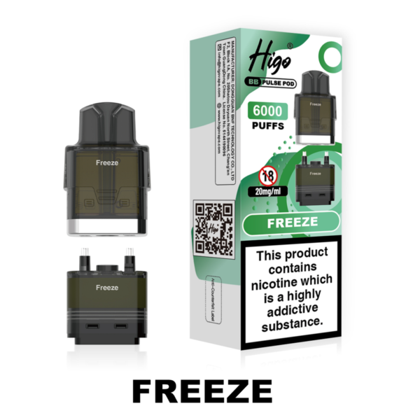 Higo BB Pulse 6000 Pod - Freeze Higo BB Pulse 6000 replacement pod in Freeze flavour - 2ml prefilled pod with 4ml auto-refill container, 20mg nic salt e-liquid, UK TPD compliant