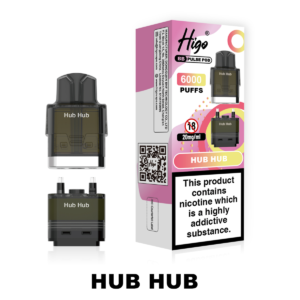 Higo BB Pulse 6000 Pod - Hub Hub Higo BB Pulse 6000 replacement pod in Hub Hub flavour - 2ml prefilled pod with 4ml auto-refill container, 20mg nic salt e-liquid, UK TPD compliant