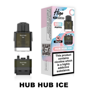 Higo BB Pulse 6000 Pod - Hub Hub Ice Higo BB Pulse 6000 replacement pod in Hub Hub Ice flavour - 2ml prefilled pod with 4ml auto-refill container, 20mg nic salt e-liquid, UK TPD compliant