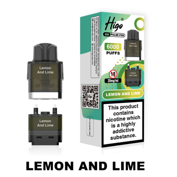 Higo BB Pulse 6000 Pod - Lemon And Lime Higo BB Pulse 6000 replacement pod in Lemon And Lime flavour - 2ml prefilled pod with 4ml auto-refill container, 20mg nic salt e-liquid, UK TPD compliant