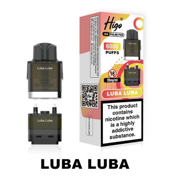 Higo BB Pulse 6000 replacement pod in Luba Luba flavour - 2ml prefilled pod with 4ml auto-refill container, 20mg nic salt e-liquid, UK TPD compliant