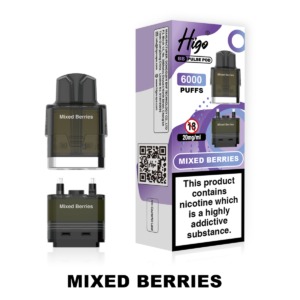 Higo BB Pulse 6000 Pod - Mixed Berries Higo BB Pulse 6000 replacement pod in Mixed Berries flavour - 2ml prefilled pod with 4ml auto-refill container, 20mg nic salt e-liquid, UK TPD compliant