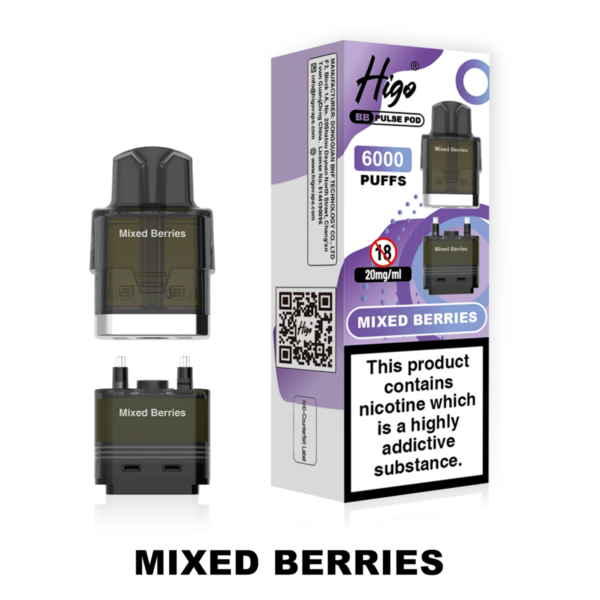 Higo BB Pulse 6000 Pod - Mixed Berries Higo BB Pulse 6000 replacement pod in Mixed Berries flavour - 2ml prefilled pod with 4ml auto-refill container, 20mg nic salt e-liquid, UK TPD compliant