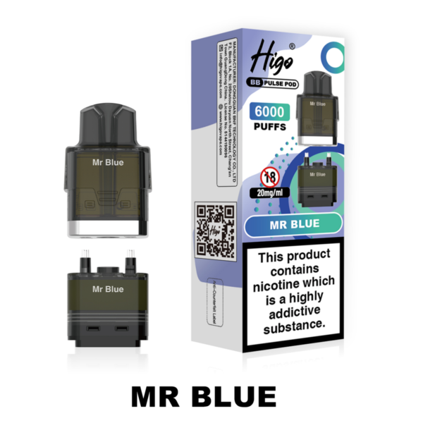 Higo BB Pulse 6000 Pod - Mr Blue Higo BB Pulse 6000 replacement pod in Mr Blue flavour - 2ml prefilled pod with 4ml auto-refill container, 20mg nic salt e-liquid, UK TPD compliant