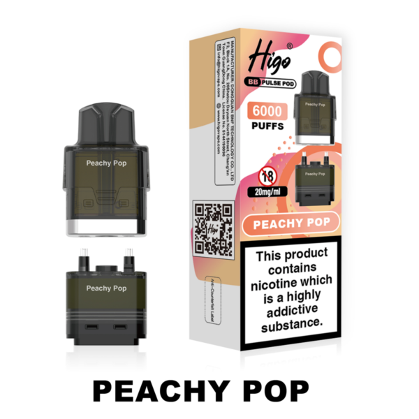 Higo BB Pulse 6000 Pod - Peachy Pop Higo BB Pulse 6000 replacement pod in Peachy Pop flavour - 2ml prefilled pod with 4ml auto-refill container, 20mg nic salt e-liquid, UK TPD compliant