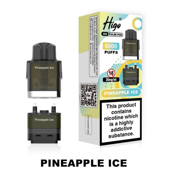 Higo BB Pulse 6000 replacement pod in Pineapple Ice flavour - 2ml prefilled pod with 4ml auto-refill container, 20mg nic salt e-liquid, UK TPD compliant