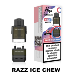 Higo BB Pulse 6000 Pod - Razz Ice Chew Higo BB Pulse 6000 replacement pod in Razz Ice Chew flavour - 2ml prefilled pod with 4ml auto-refill container, 20mg nic salt e-liquid, UK TPD compliant