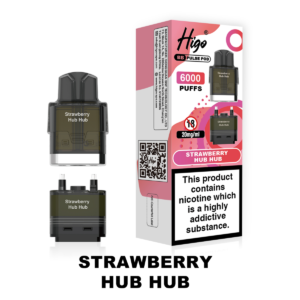 Higo BB Pulse 6000 Pod - Strawberry Hub Hub Higo BB Pulse 6000 replacement pod in Strawberry Hub Hub flavour - 2ml prefilled pod with 4ml auto-refill container, 20mg nic salt e-liquid, UK TPD compliant