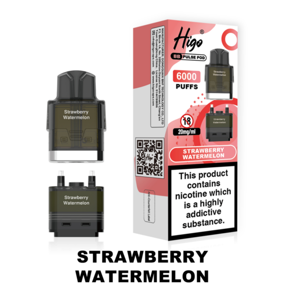 Higo BB Pulse 6000 Pod - Strawberry Watermelon Higo BB Pulse 6000 replacement pod in Strawberry Watermelon flavour - 2ml prefilled pod with 4ml auto-refill container, 20mg nic salt e-liquid, UK TPD compliant