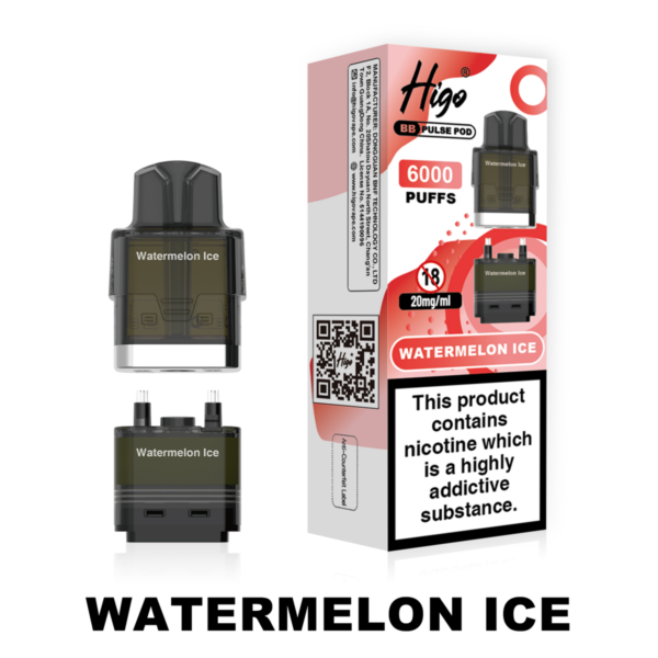 Higo BB Pulse 6000 Pod - Watermelon Ice Higo BB Pulse 6000 replacement pod in Watermelon Ice flavour - 2ml prefilled pod with 4ml auto-refill container, 20mg nic salt e-liquid, UK TPD compliant